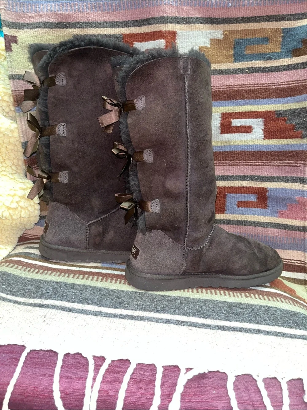 UGG Tall Suede Winter Boots in Dark Brown with Shearling Trim